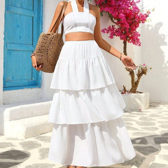 White Boho Women's Short Halter Neck Tank Top And Ruffle Hem Mini Skirt Set - Picture 3 of 6
